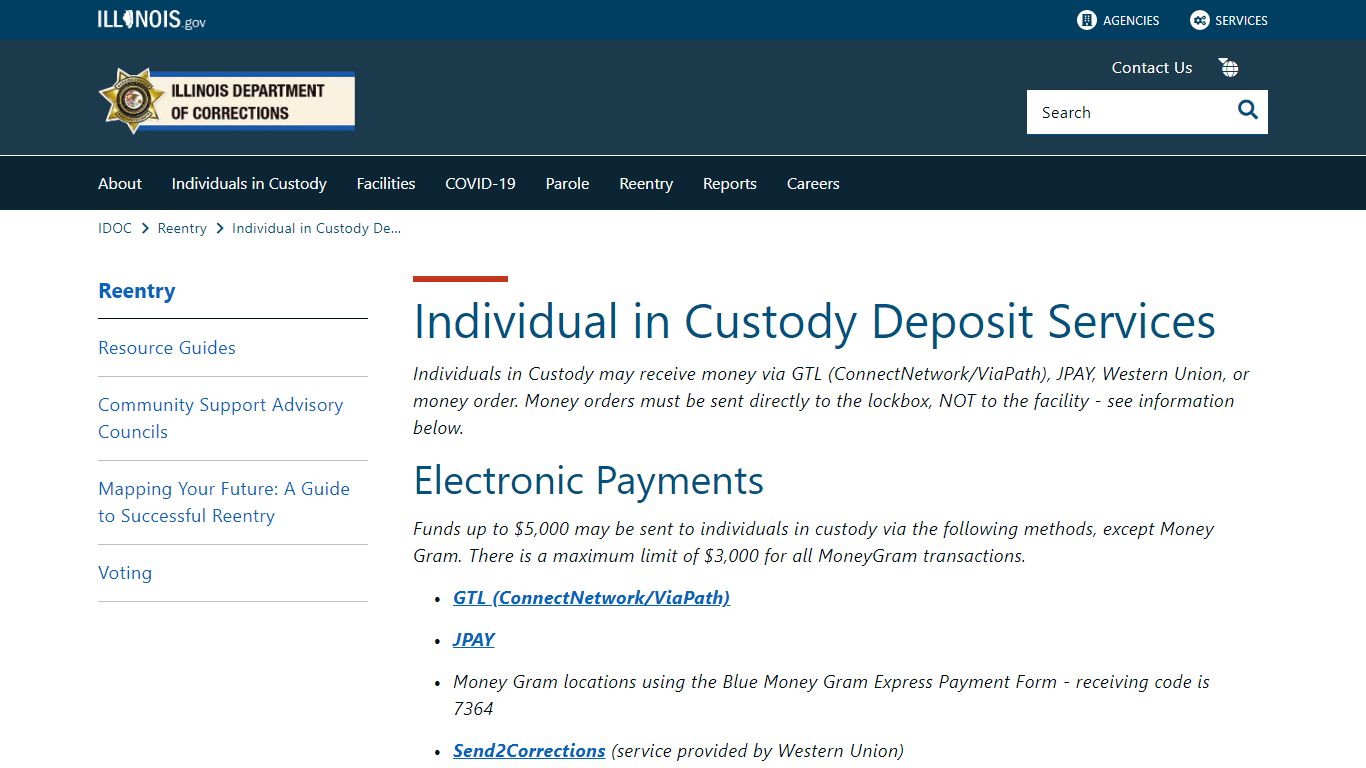 Individual in Custody Deposit Services - Illinois